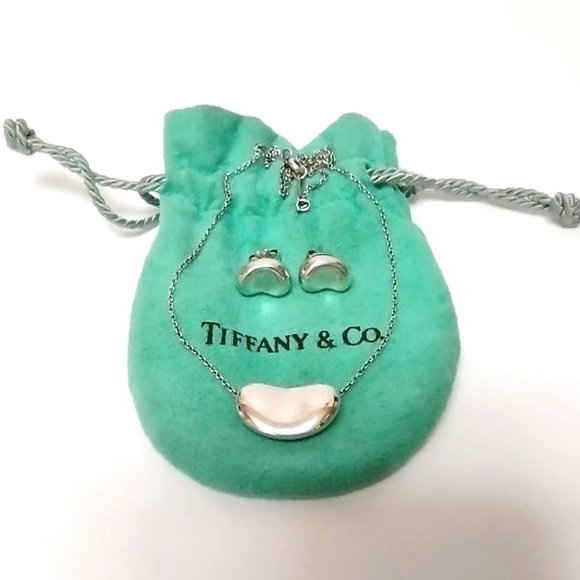 Tiffany Elsa Peretti Bean 18mm Necklace & 9mm Earrings Set Sterling Silver 925 - Picture 1 of 12